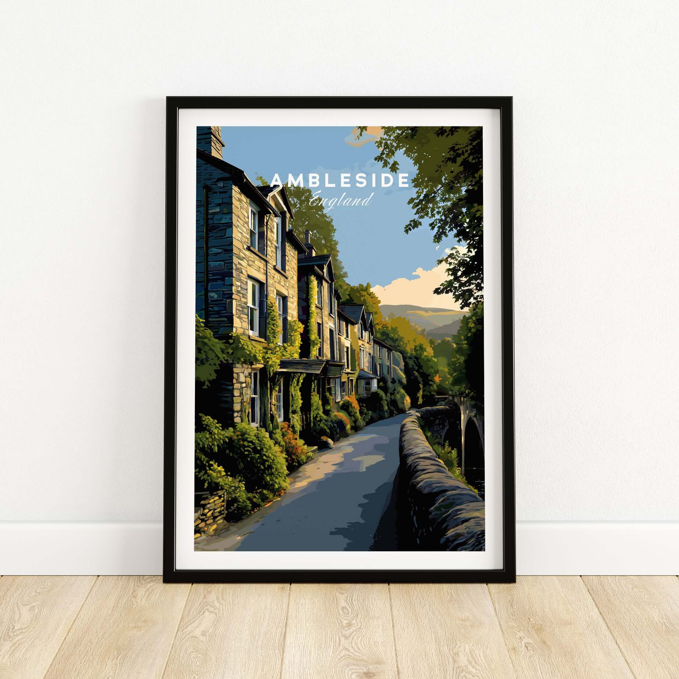 Ambleside Cumbria Stone Buildings Print | English Countryside Wall Decor, showcasing traditional stone buildings in a scenic landscape.