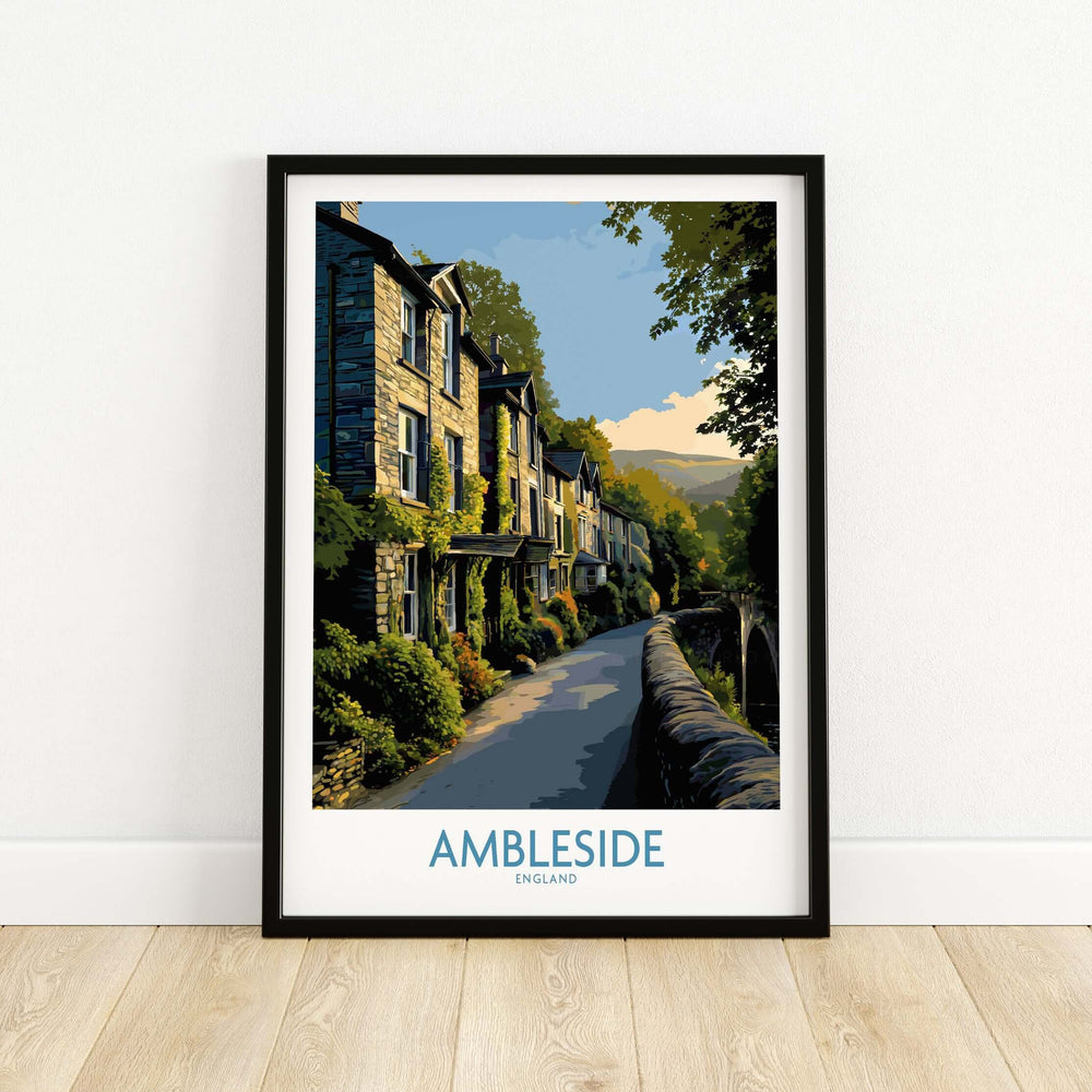 Ambleside England Lake District Cottages Art Print | Historic Village Poster showcasing charming cottages and picturesque landscape.