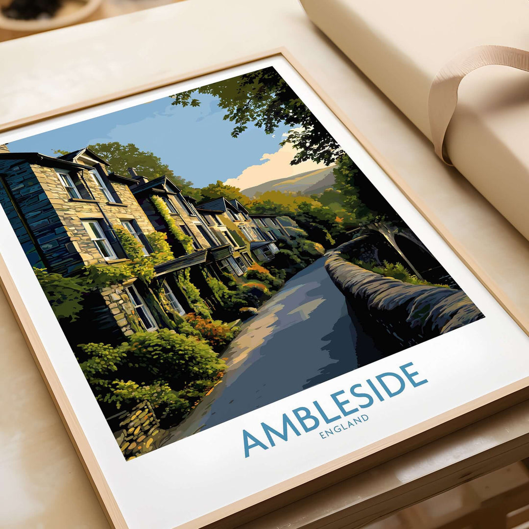 Ambleside England Lake District Cottages Art Print | Historic Village Poster showing scenic cottages and street in Ambleside.