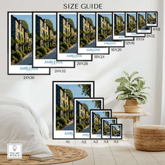 Ambleside England Lake District Cottages Art Print | Historic Village Poster size guide with various frame sizes.