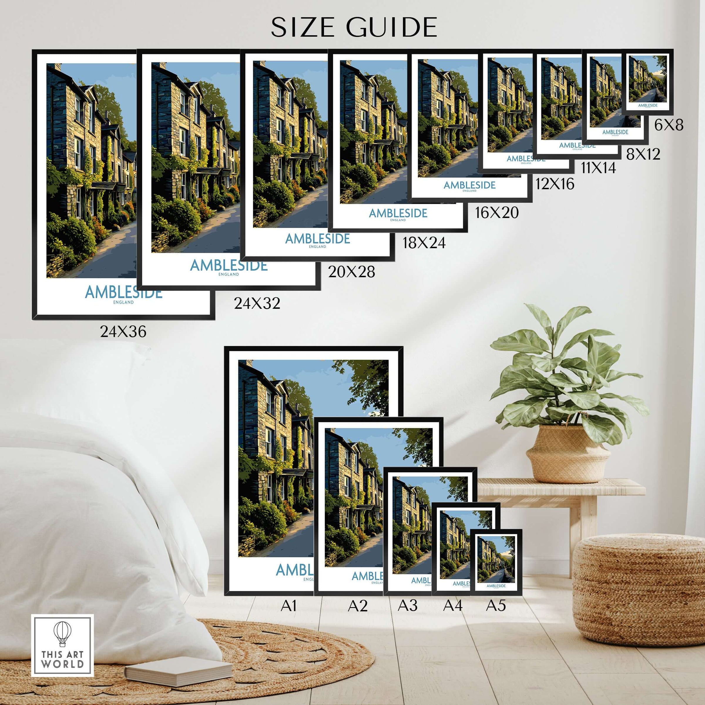 Ambleside England Lake District Cottages Art Print | Historic Village Poster size guide with various frame sizes.