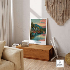 Ambleside Lake Windermere Boats Art Print | England Poster displayed in a cozy living room setting.