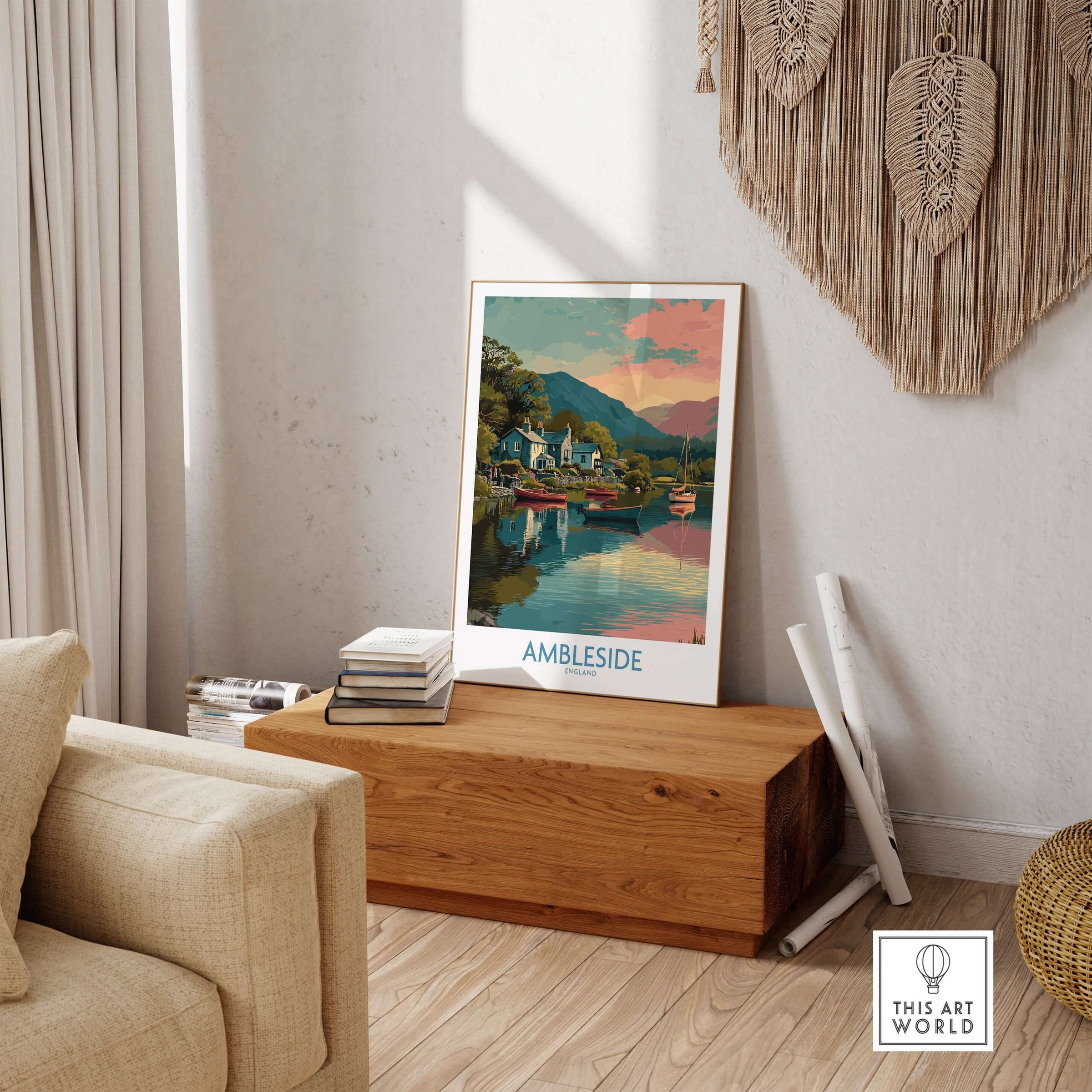 Ambleside Lake Windermere Boats Art Print | England Poster displayed in a cozy living room setting.