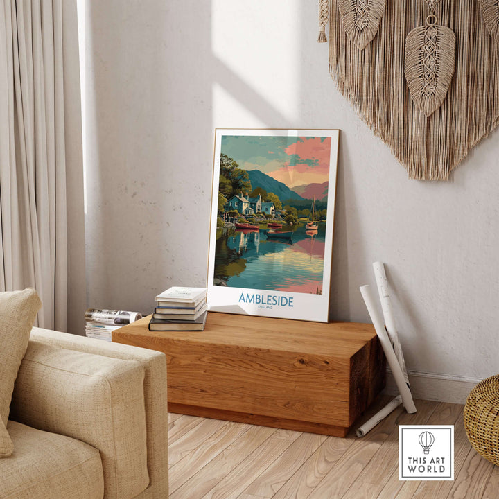 Ambleside Lake Windermere Boats Art Print | England Poster displayed in a cozy living room environment.