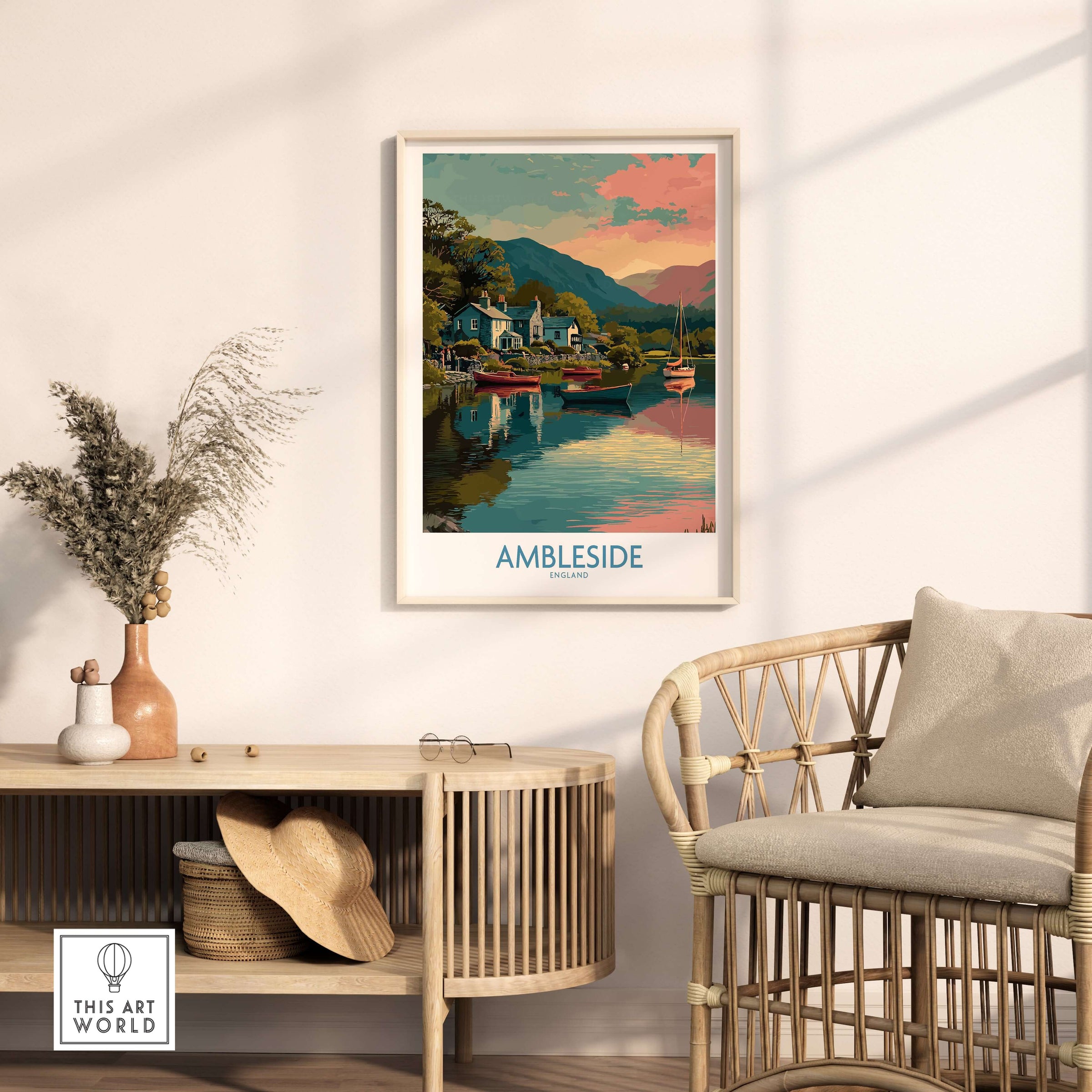 Ambleside Lake Windermere Boats Art Print | England Poster framed art in serene living room setting.