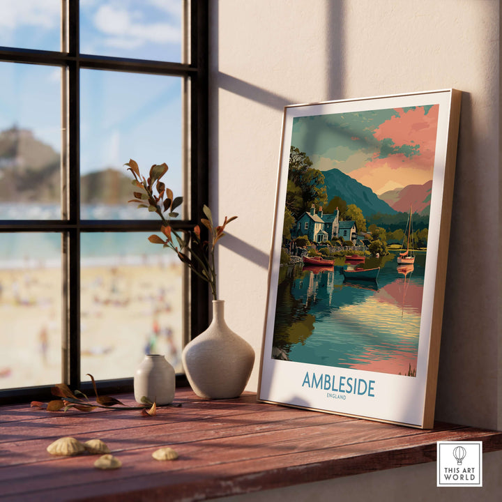 Ambleside Lake Windermere Boats Art Print | England Poster displayed on a windowsill with a scenic view.