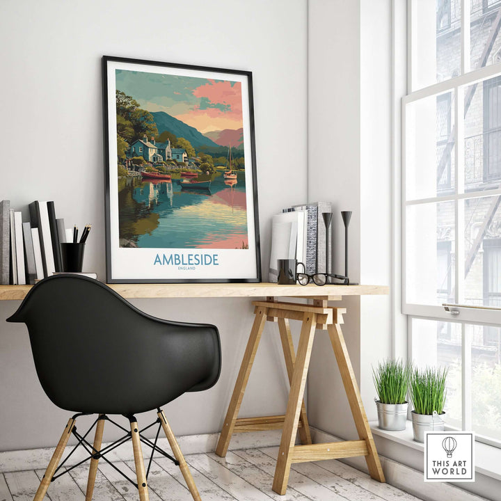 Ambleside Lake Windermere Boats Art Print | England Poster displayed in a modern workspace with a stylish chair and desk.