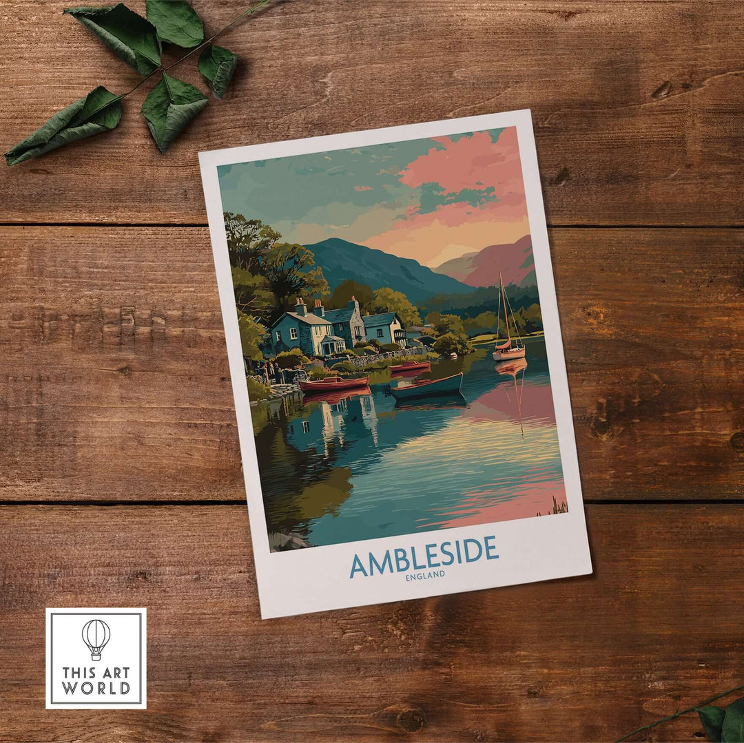 Ambleside Lake Windermere Boats Art Print | England Poster featuring serene boats on tranquil water landscape.