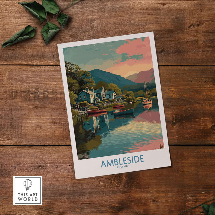 Ambleside Lake Windermere Boats Art Print | England Poster featuring serene boats on tranquil water landscape.