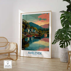 Ambleside Lake Windermere Boats Art Print | England Poster displayed in a modern interior setting with greenery.