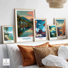 Ambleside Lake Windermere Boats Art Print | England Poster displayed among other travel posters in a cozy living room.