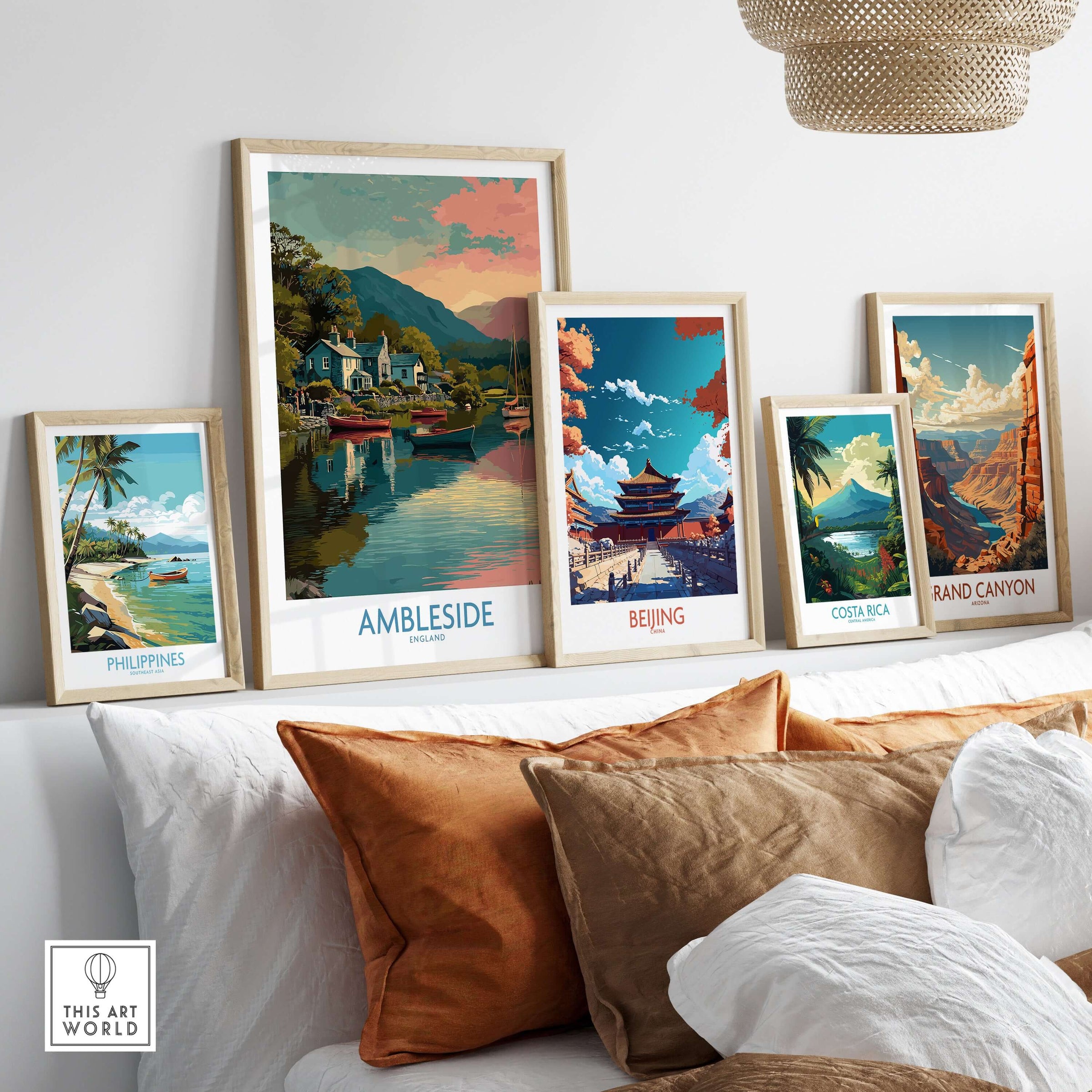 Ambleside Lake Windermere Boats Art Print | England Poster displayed among other travel posters in a cozy living room.