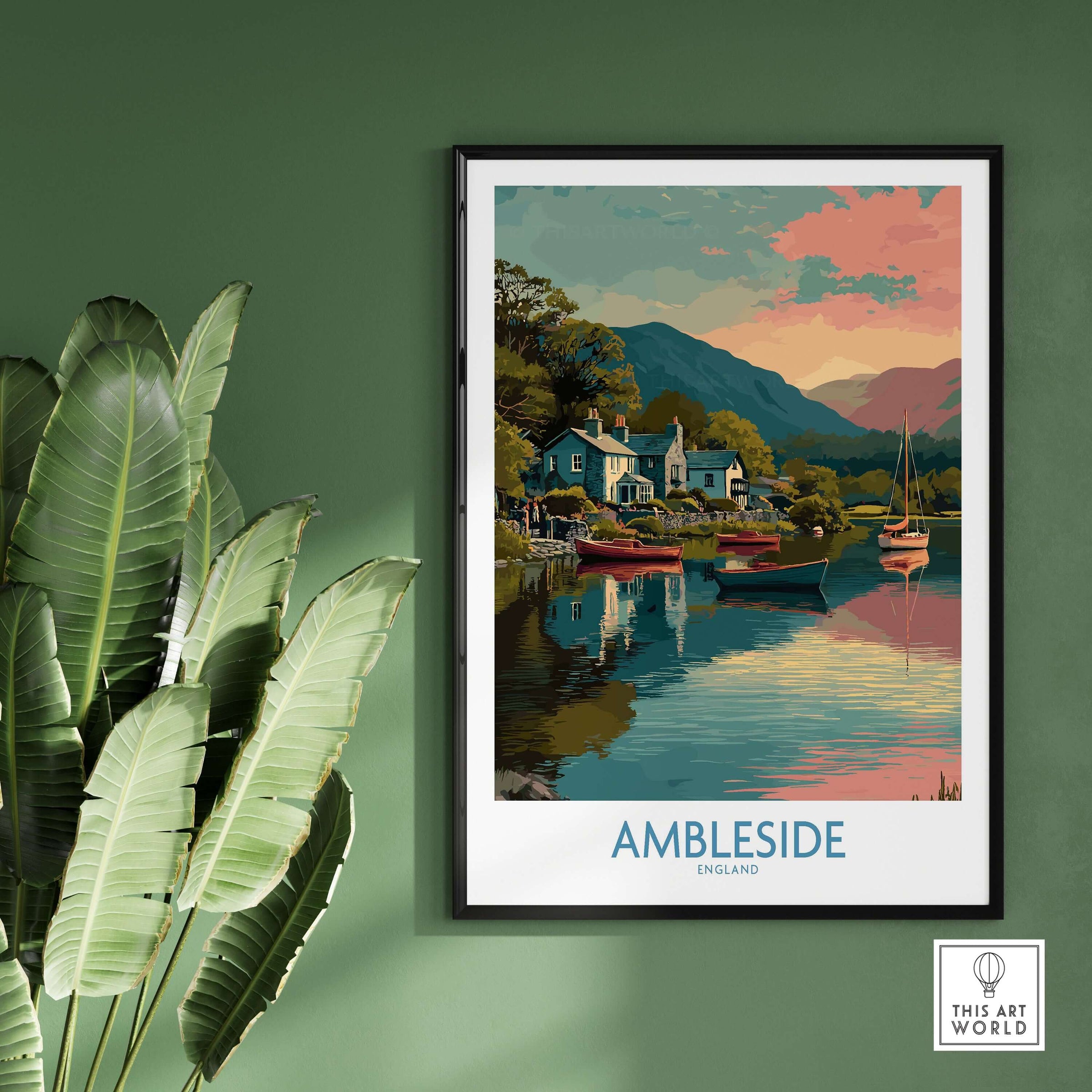 Ambleside Lake Windermere Boats Art Print | England Poster framed on green wall with tropical plant decor