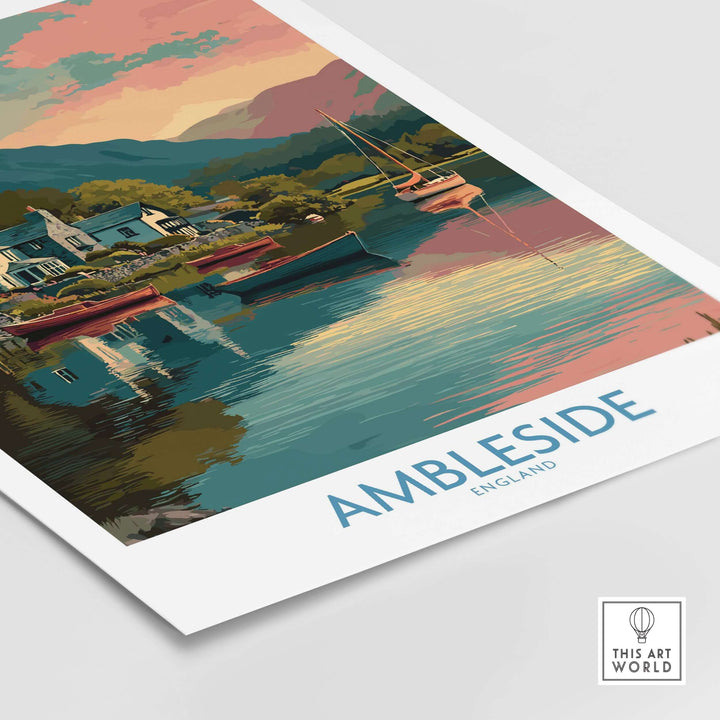 Ambleside Lake Windermere Boats Art Print | England Poster featuring serene lake and charming boats at sunset.