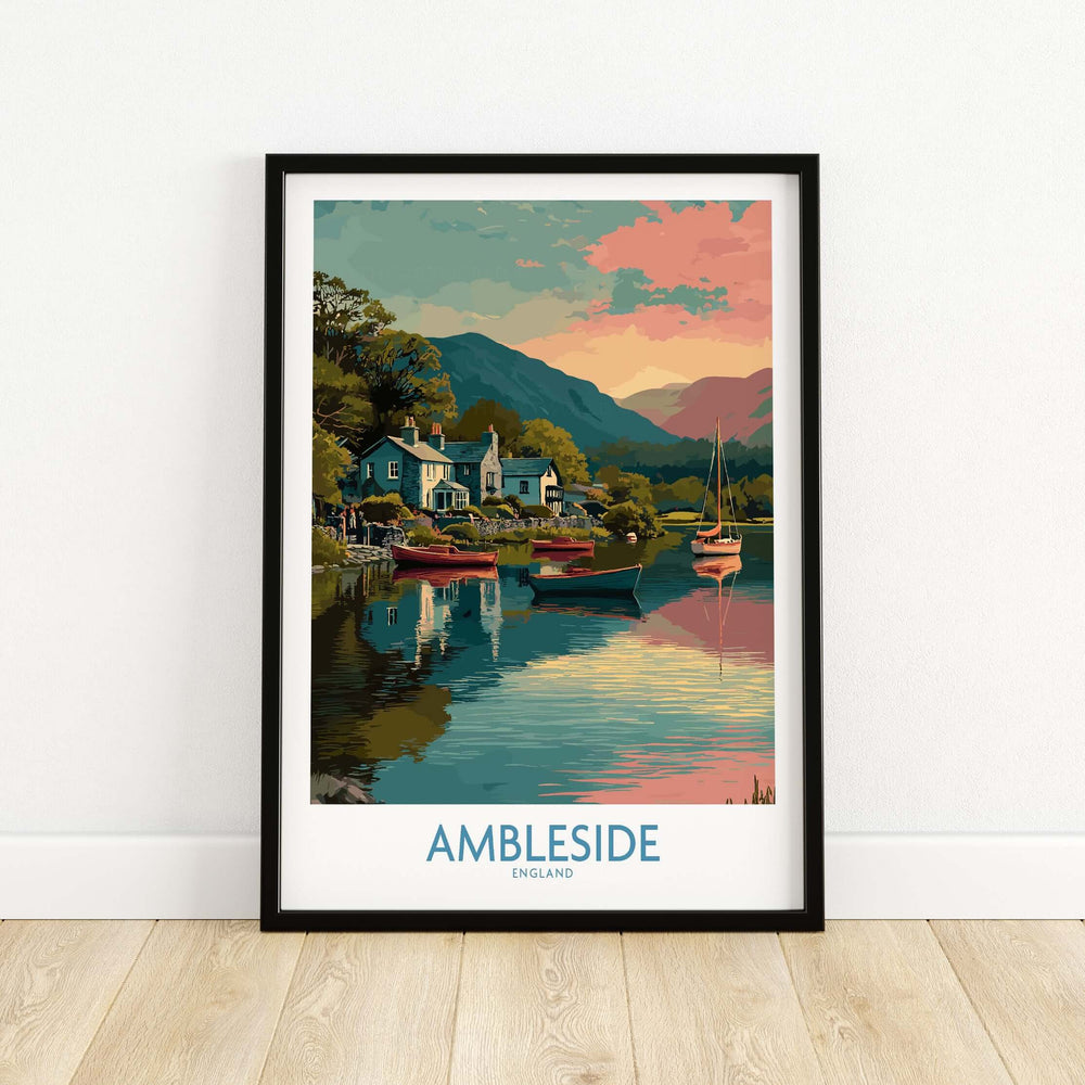 Ambleside Lake Windermere Boats Art Print | England Poster showcasing boats on tranquil water with mountains and pastel sky.