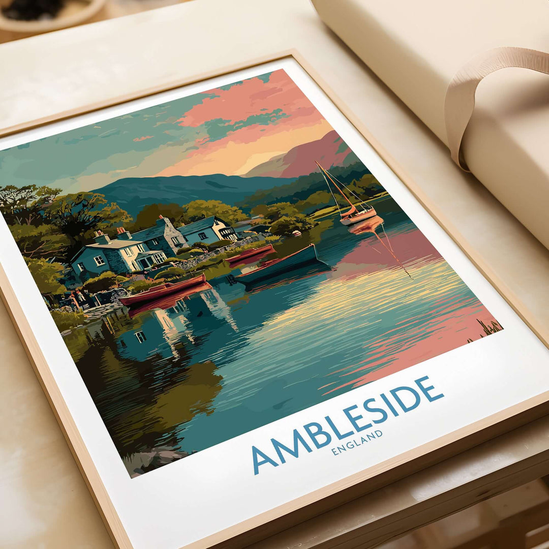 Ambleside Lake Windermere Boats Art Print | England Poster showcasing boats on a tranquil lake at sunset.