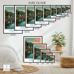 Ambleside Lake Windermere Boats Art Print | England Poster size guide displaying various frame options in a stylish interior.