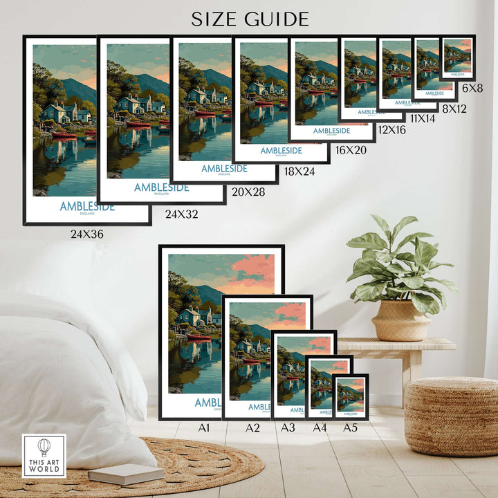 Ambleside Lake Windermere Boats Art Print | England Poster size guide showing various frame sizes and a stylish interior setting.