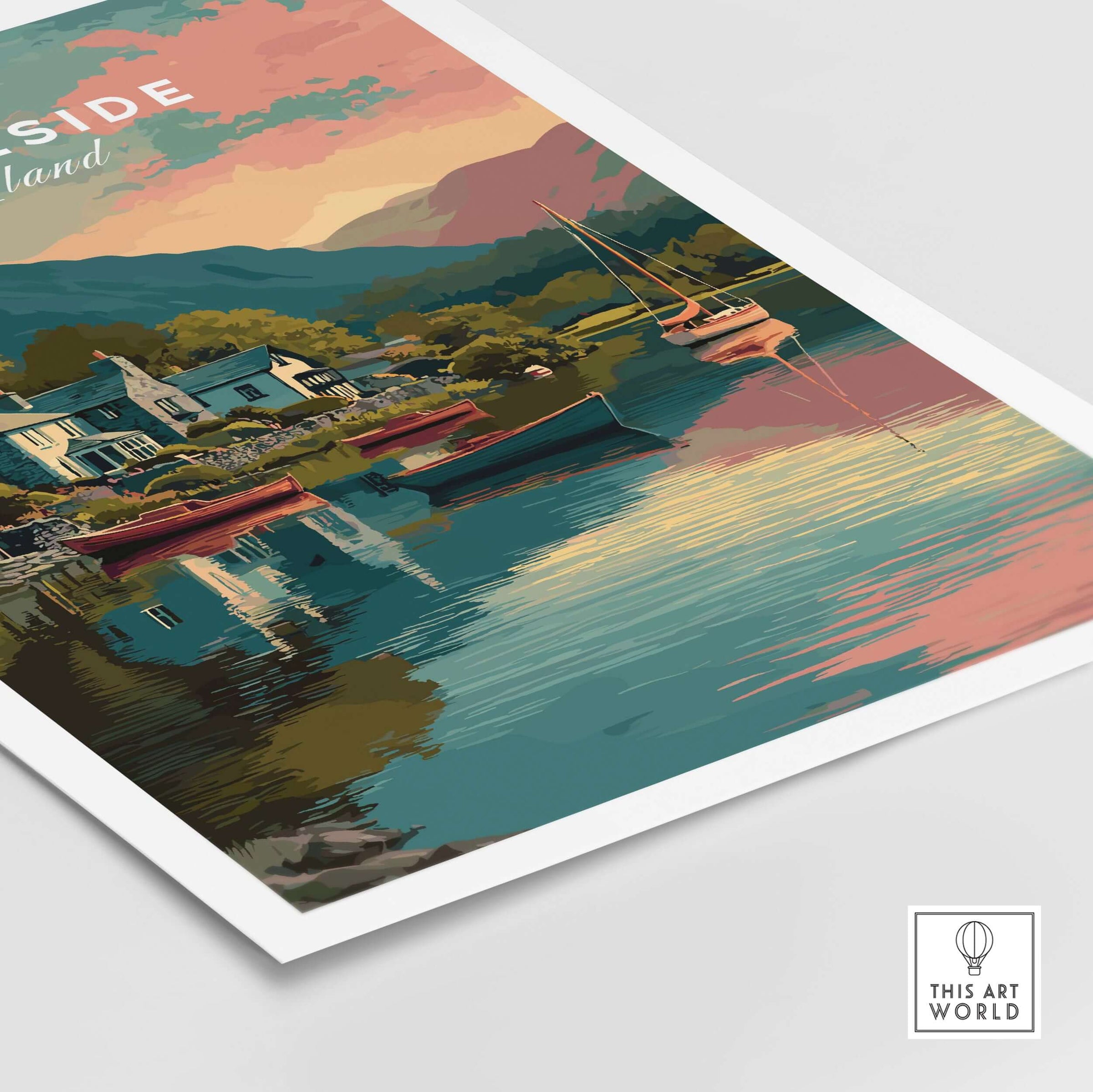 Ambleside Sunset Lake District View Print | Romantic English Home Decor showcasing boats and a tranquil landscape in warm colors.
