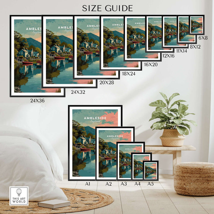 Ambleside Sunset Lake District View Print | Romantic English Home Decor size guide with various frame dimensions displayed.