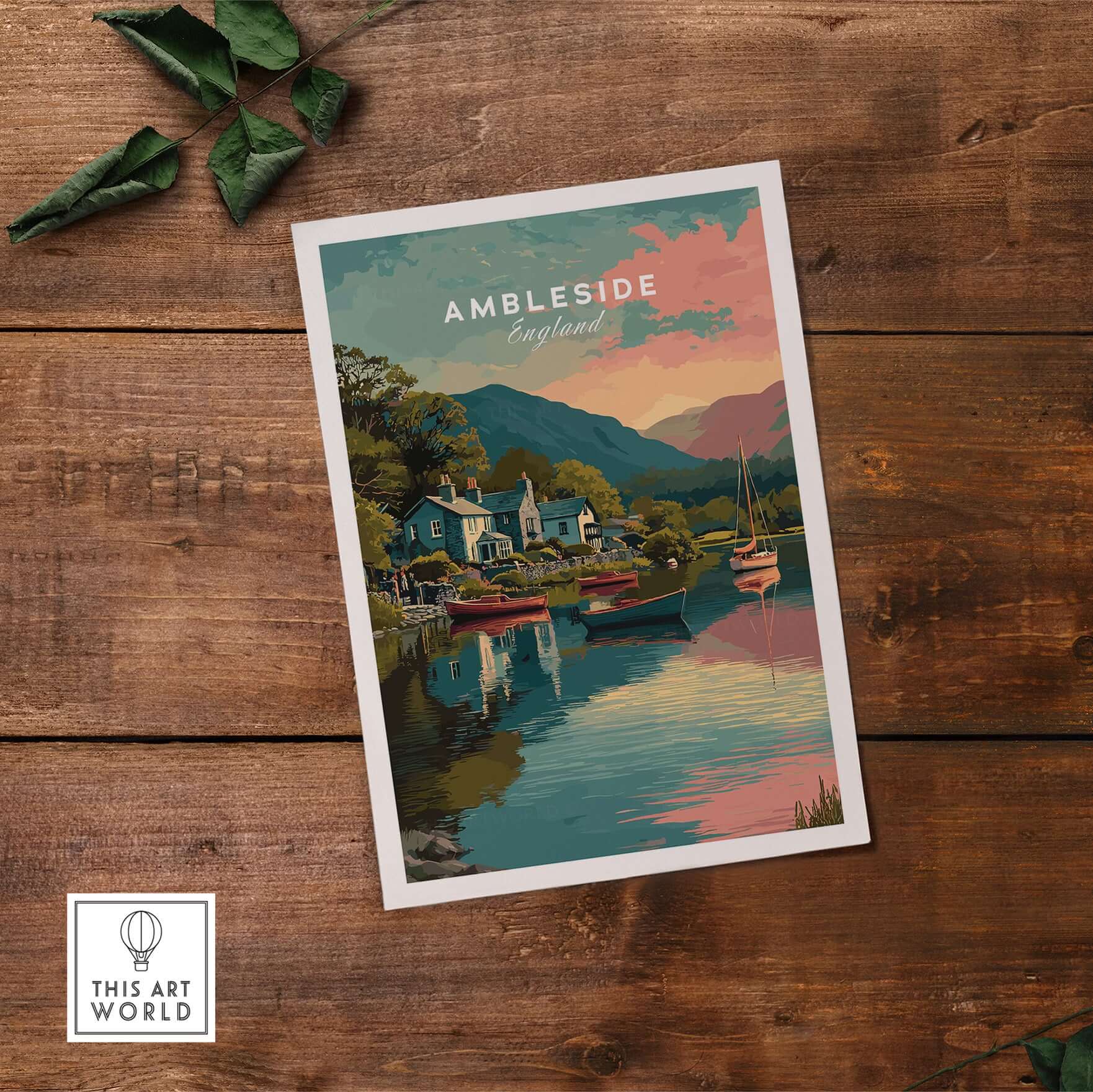 Ambleside Sunset Lake District View Print | Romantic English Home Decor displayed on a wooden table with greenery