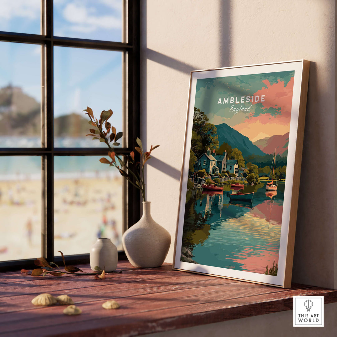 Ambleside Sunset Lake District View Print | Romantic English Home Decor displayed by a window with serene landscape.