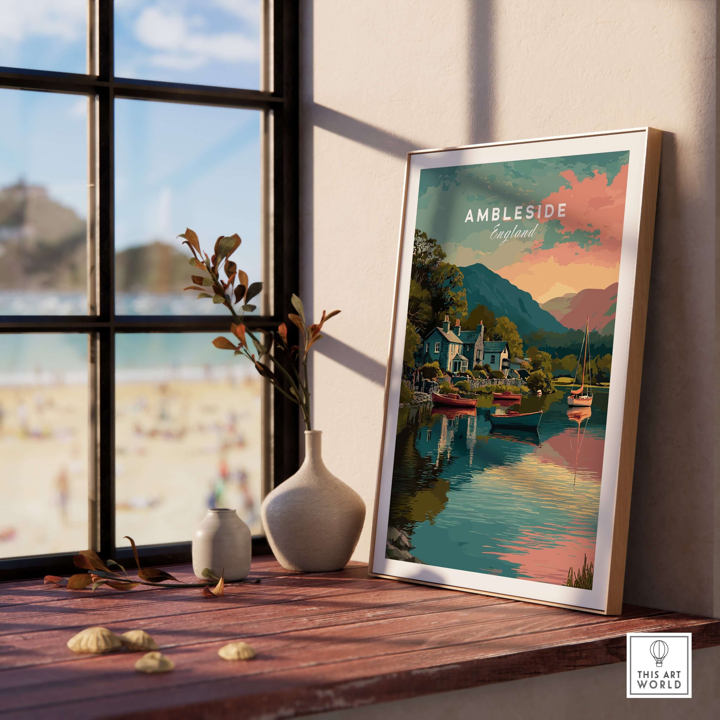 Ambleside Sunset Lake District View Print | Romantic English Home Decor displayed in a beautiful interior with lake view.