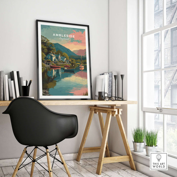 Ambleside Sunset Lake District View Print | Romantic English Home Decor displayed in a modern workspace.