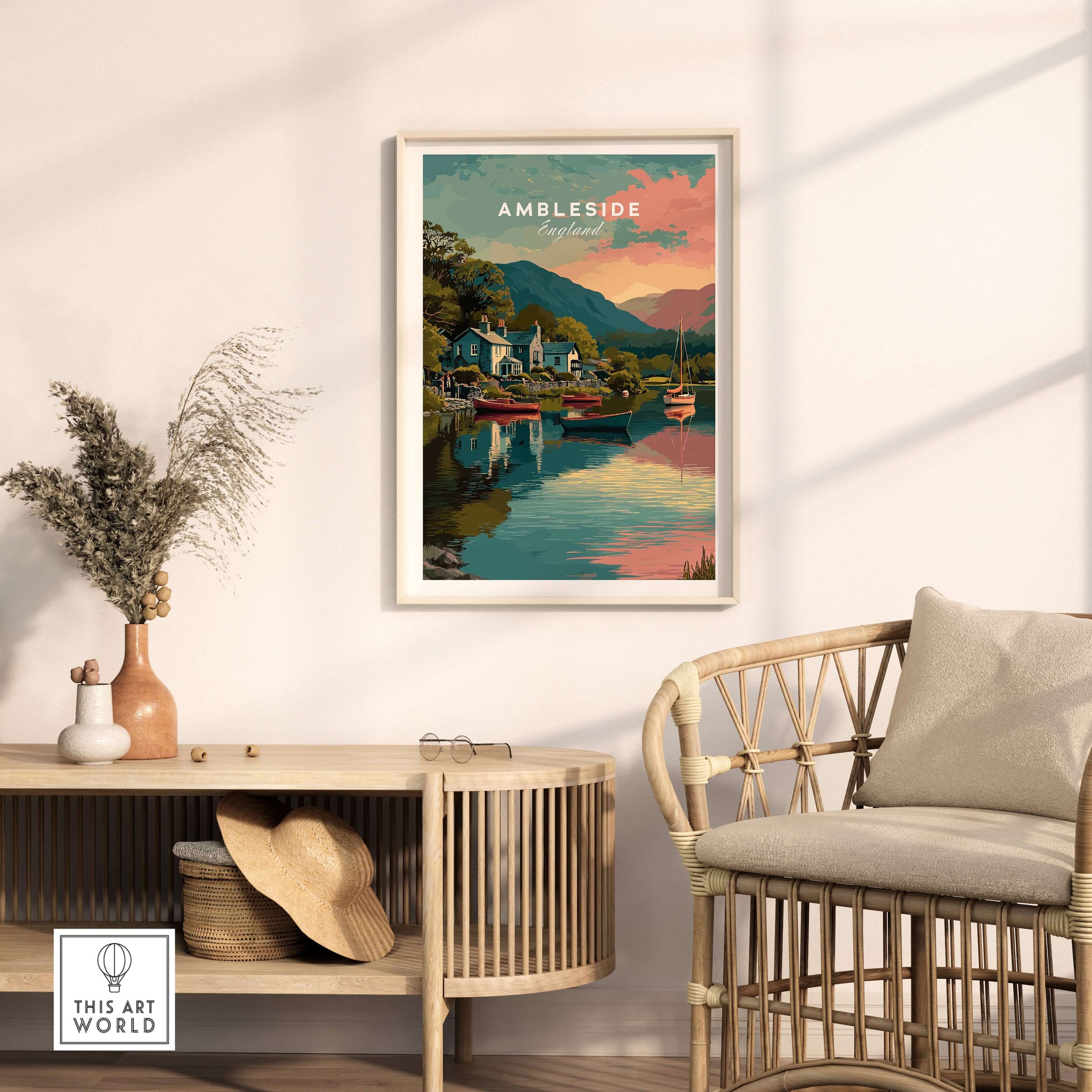 Ambleside Sunset Lake District View Print | Romantic English Home Decor displayed in a cozy living space with rattan furniture.