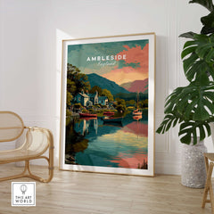 Ambleside Sunset Lake District View Print | Romantic English Home Decor in a modern living room setting.