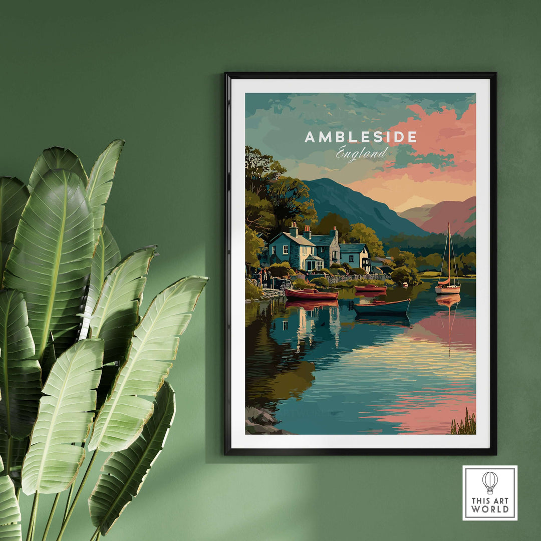 Ambleside Sunset Lake District View Print | Romantic English Home Decor displayed on a green wall with a plant.