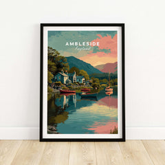 Ambleside Sunset Lake District View Print | Romantic English Home Decor framed art showcasing tranquil scenery of Ambleside, England.