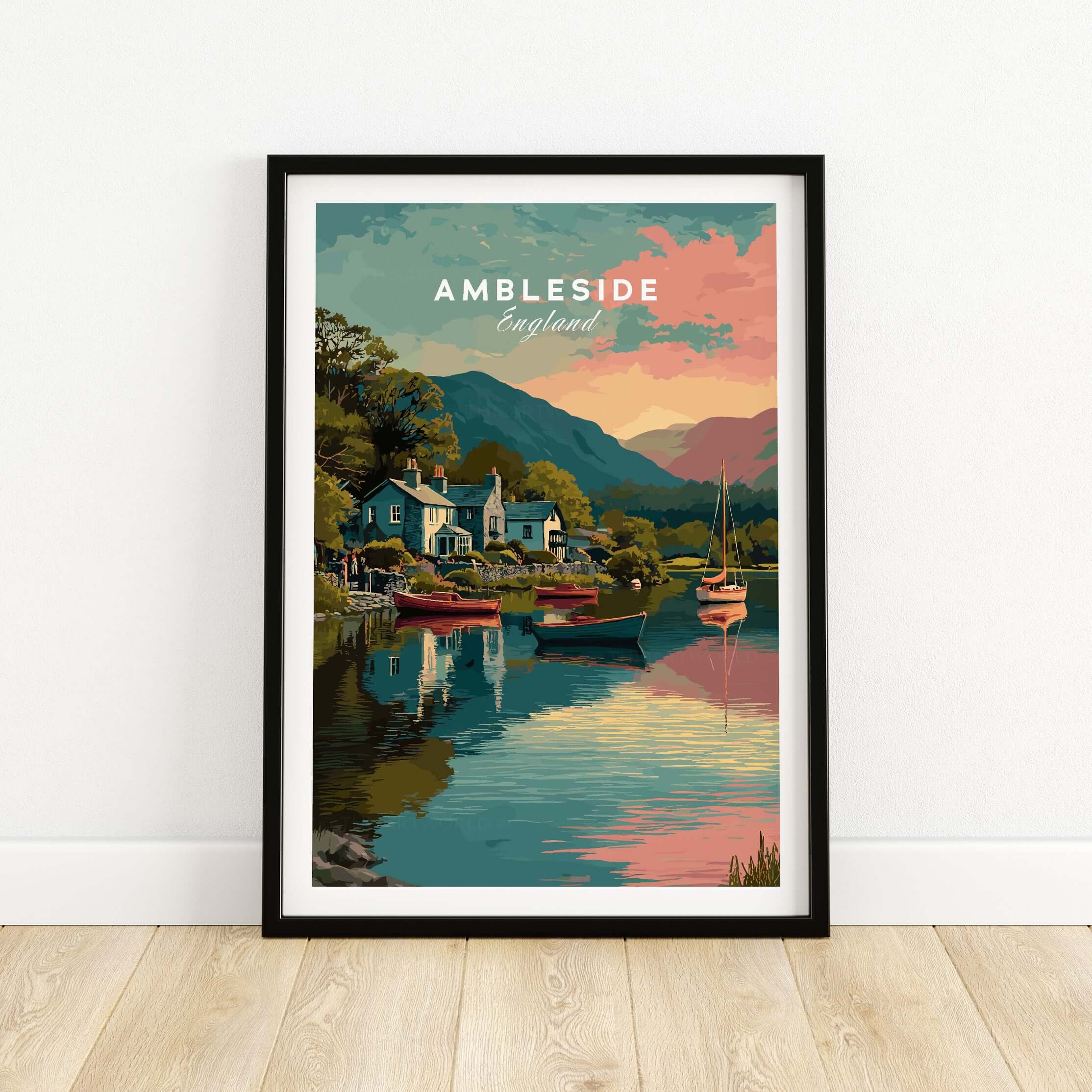 Ambleside Sunset Lake District View Print | Romantic English Home Decor framed art showcasing tranquil scenery of Ambleside, England.