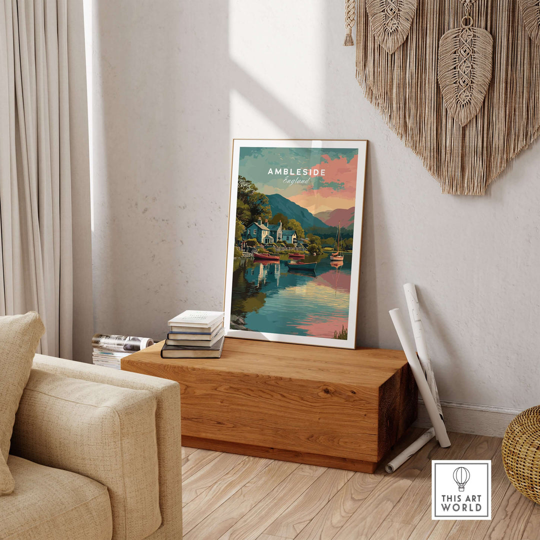 Ambleside Sunset Lake District View Print | Romantic English Home Decor displayed in a cozy living room setting.