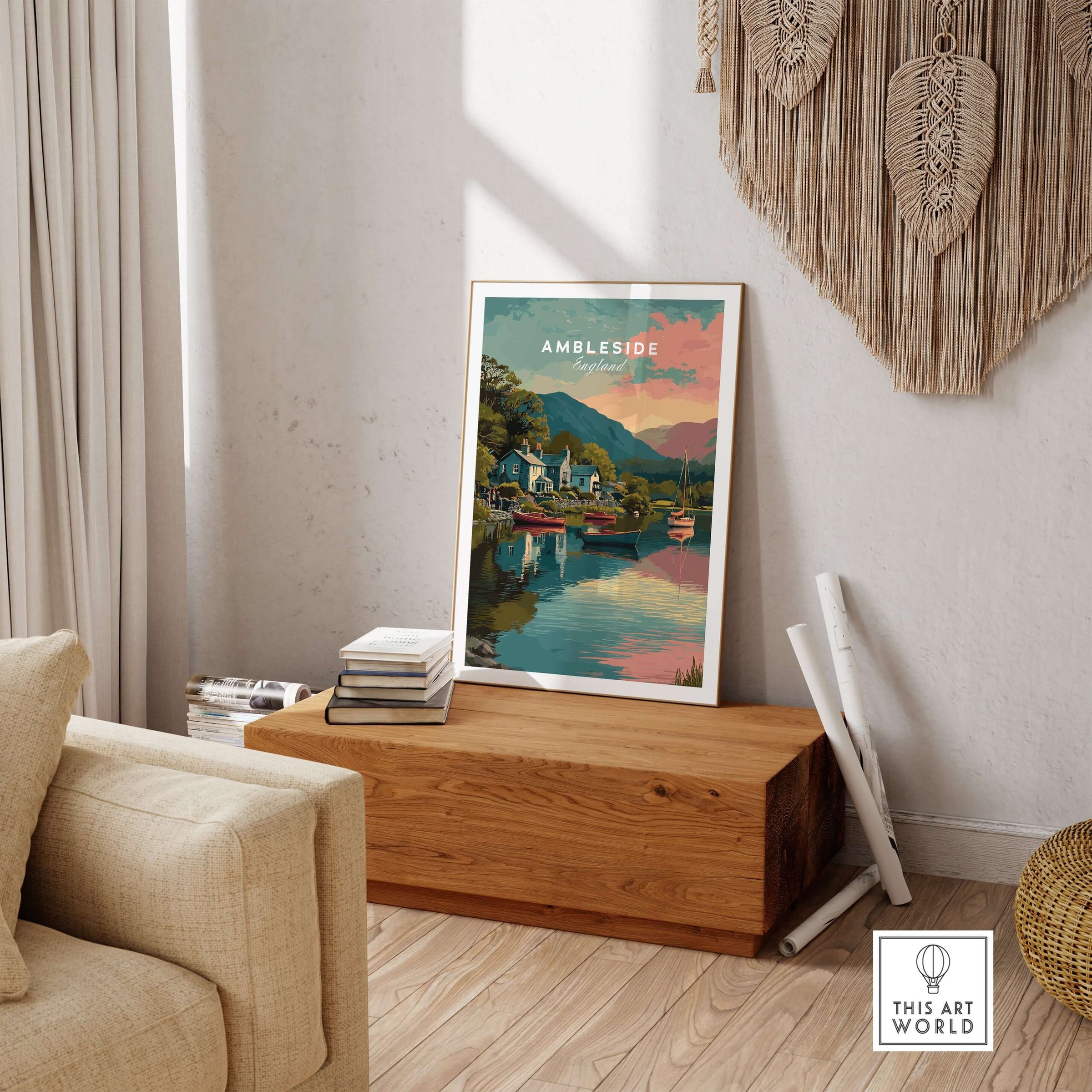 Ambleside Sunset Lake District View Print | Romantic English Home Decor displayed in a cozy living room setting.
