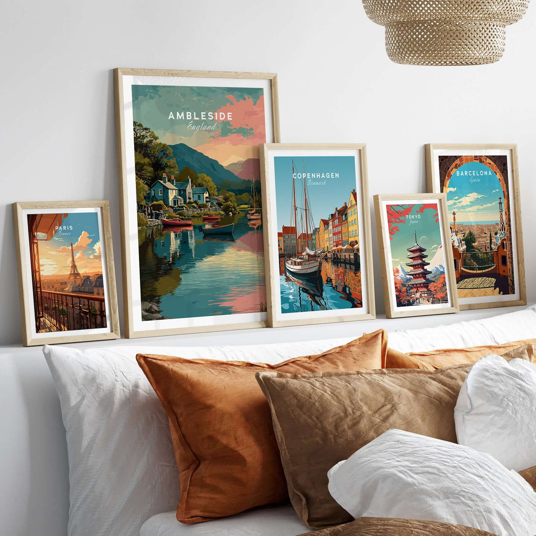 Ambleside Sunset Lake District View Print | Romantic English Home Decor displayed on a cozy living room wall.