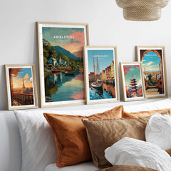 Ambleside Sunset Lake District View Print | Romantic English Home Decor displayed among other travel art prints.