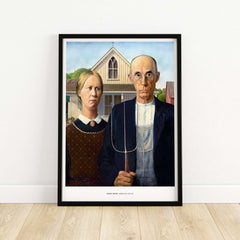 Exhibition Art Print American Gothic Grant Wood Famous Painting Wall Art Poster featuring iconic farmers' portrait.