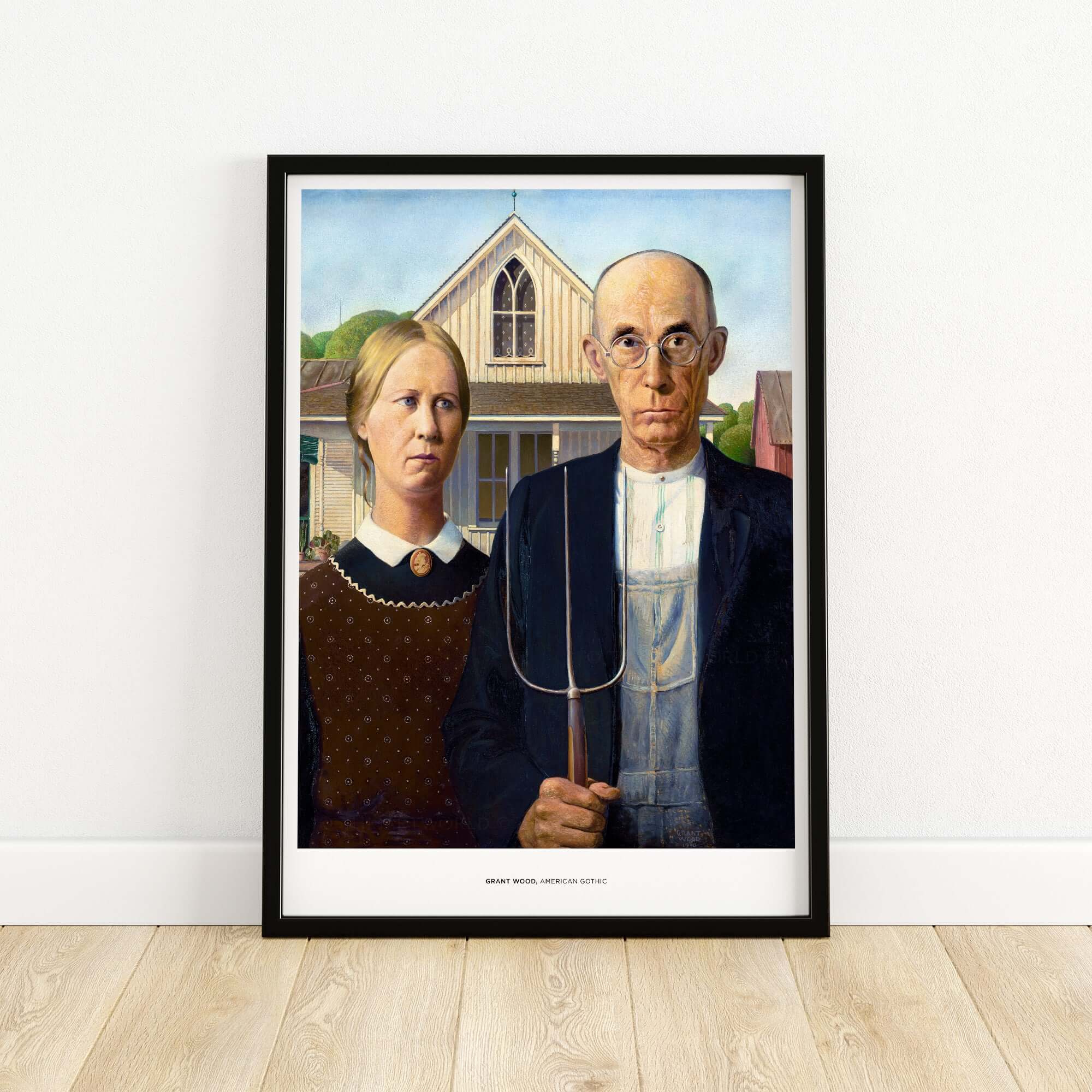 Exhibition Art Print American Gothic Grant Wood Famous Painting Wall Art Poster featuring iconic farmers' portrait.