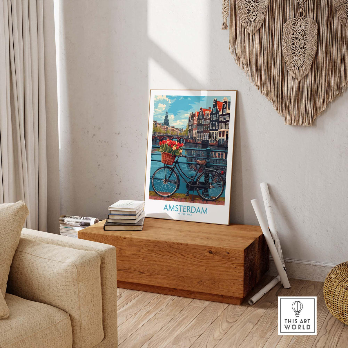 Amsterdam poster depicting a bicycle with flowers by canal, showcasing vibrant cityscape, perfect for travel lovers and home decor.