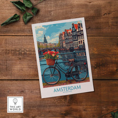 Amsterdam poster with bicycle and tulips, featuring iconic canals and buildings, perfect for travel enthusiasts and home decor.