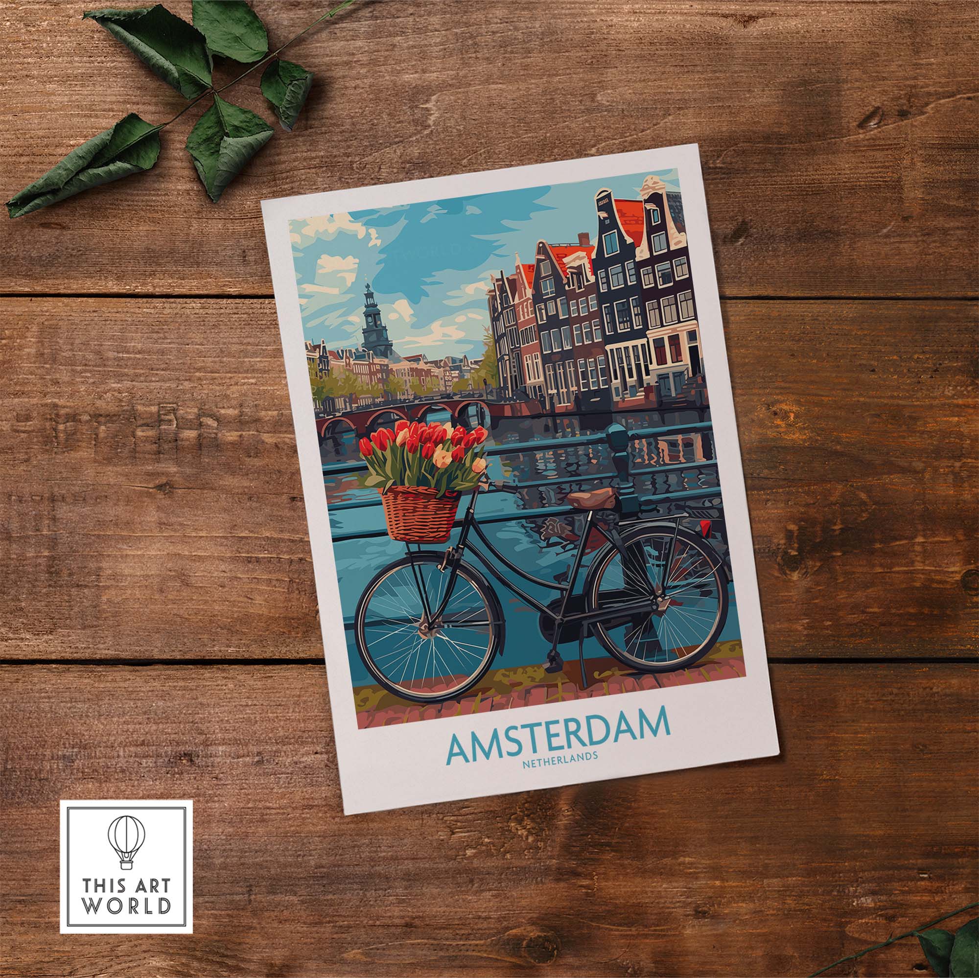 Amsterdam poster with bicycle and tulips, featuring iconic canals and buildings, perfect for travel enthusiasts and home decor.