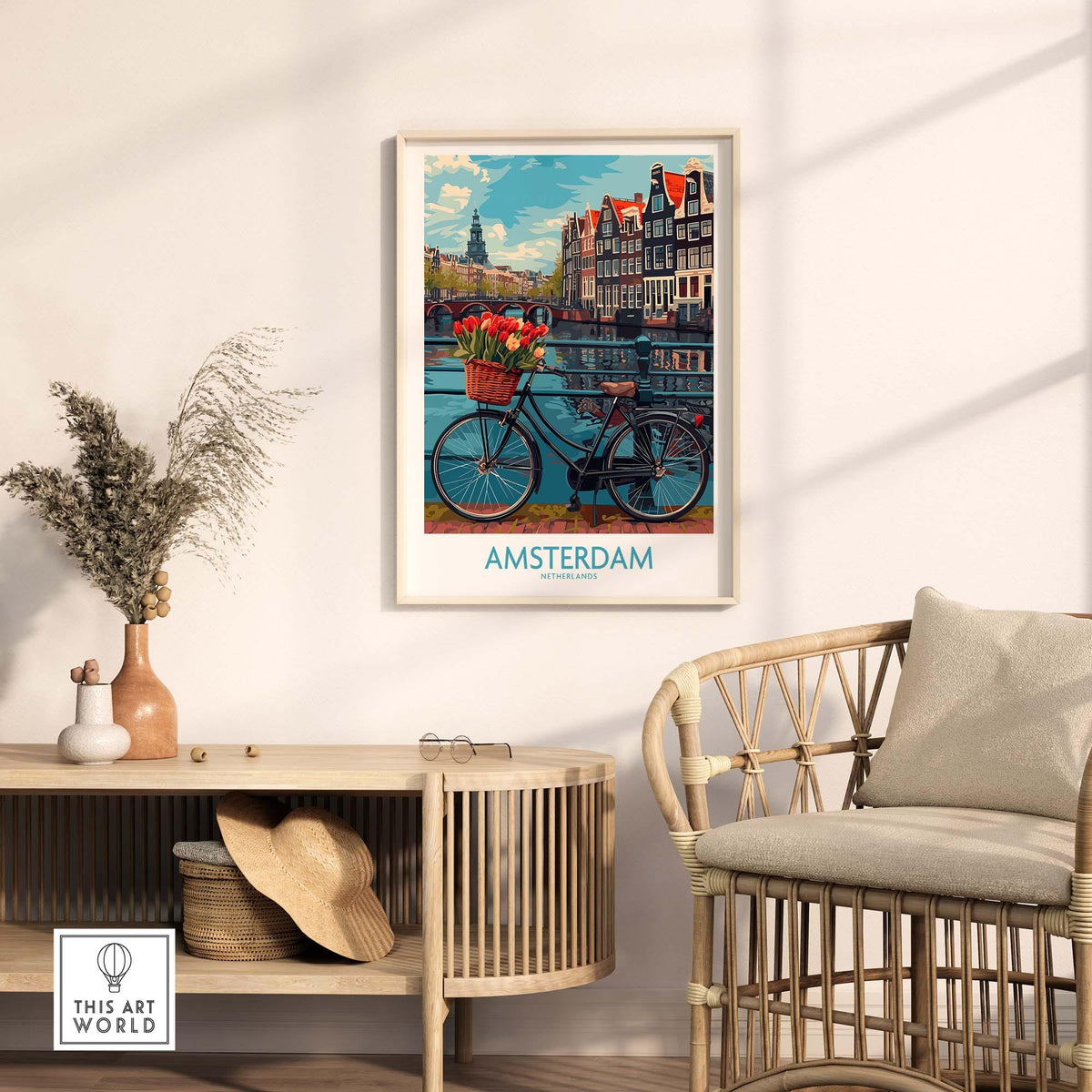 Amsterdam poster featuring a bicycle with flowers, cityscape, and canal, perfect for home decor and travel enthusiasts.