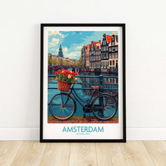 Amsterdam poster with a bicycle and tulips in front of canals and historic buildings, Netherlands wall art for home decor.