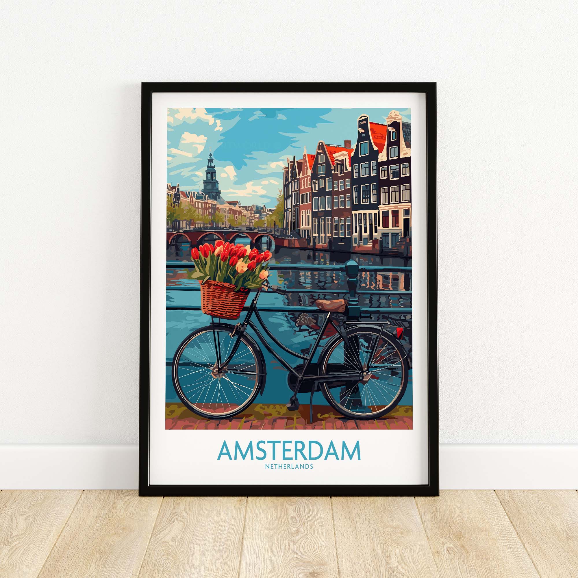 Amsterdam poster with a bicycle and tulips in front of canals and historic buildings, Netherlands wall art for home decor.