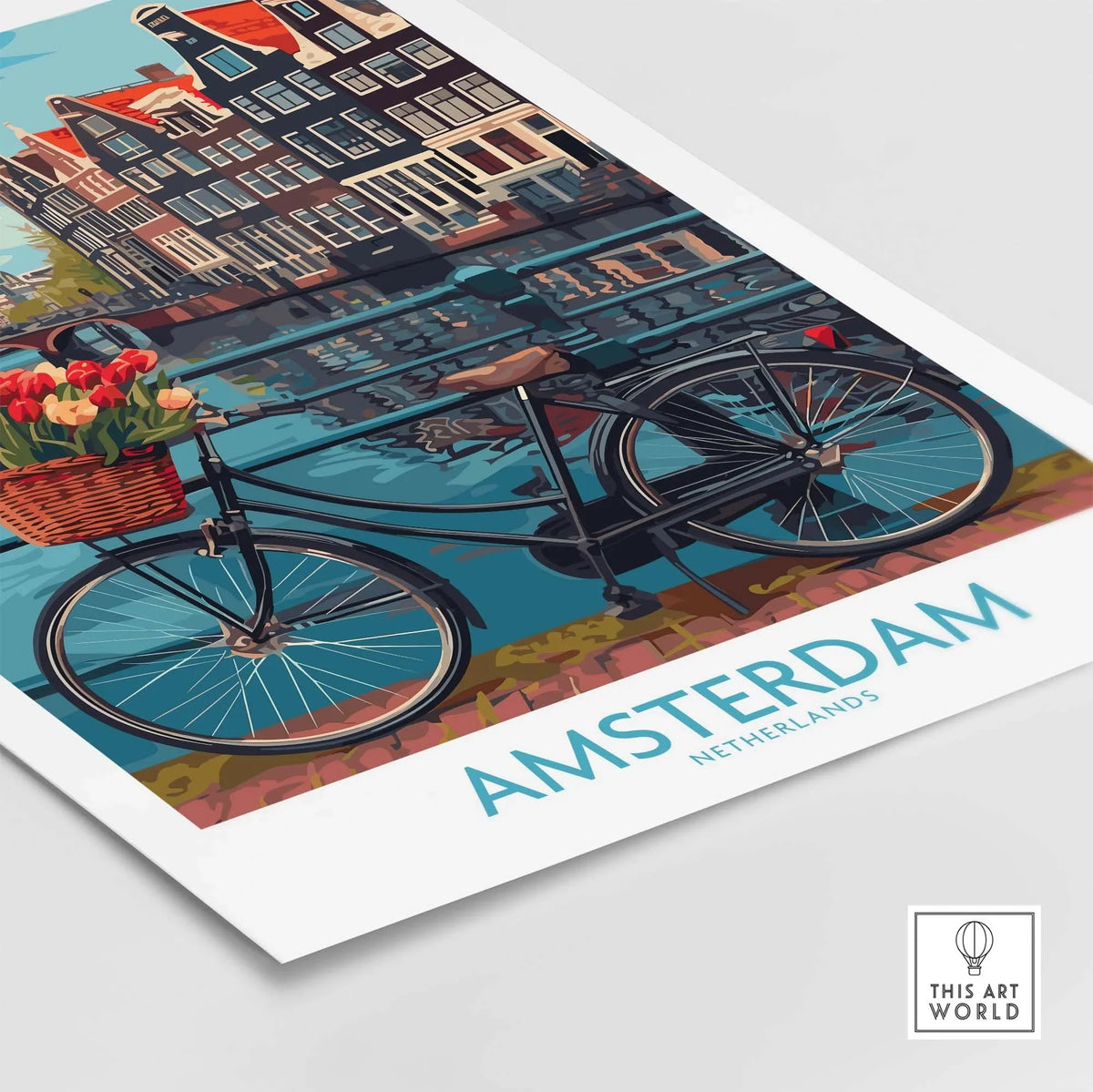 Amsterdam poster with a bike and canal, showcasing vibrant city streets and iconic landmarks. Netherlands wall art for decor enthusiasts.