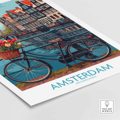 Amsterdam poster with a bike and canal, showcasing vibrant city streets and iconic landmarks. Netherlands wall art for decor enthusiasts.