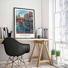 Amsterdam poster on desk in modern room, featuring iconic canal and bicycle, perfect Netherlands wall art for decorators and travel lovers.