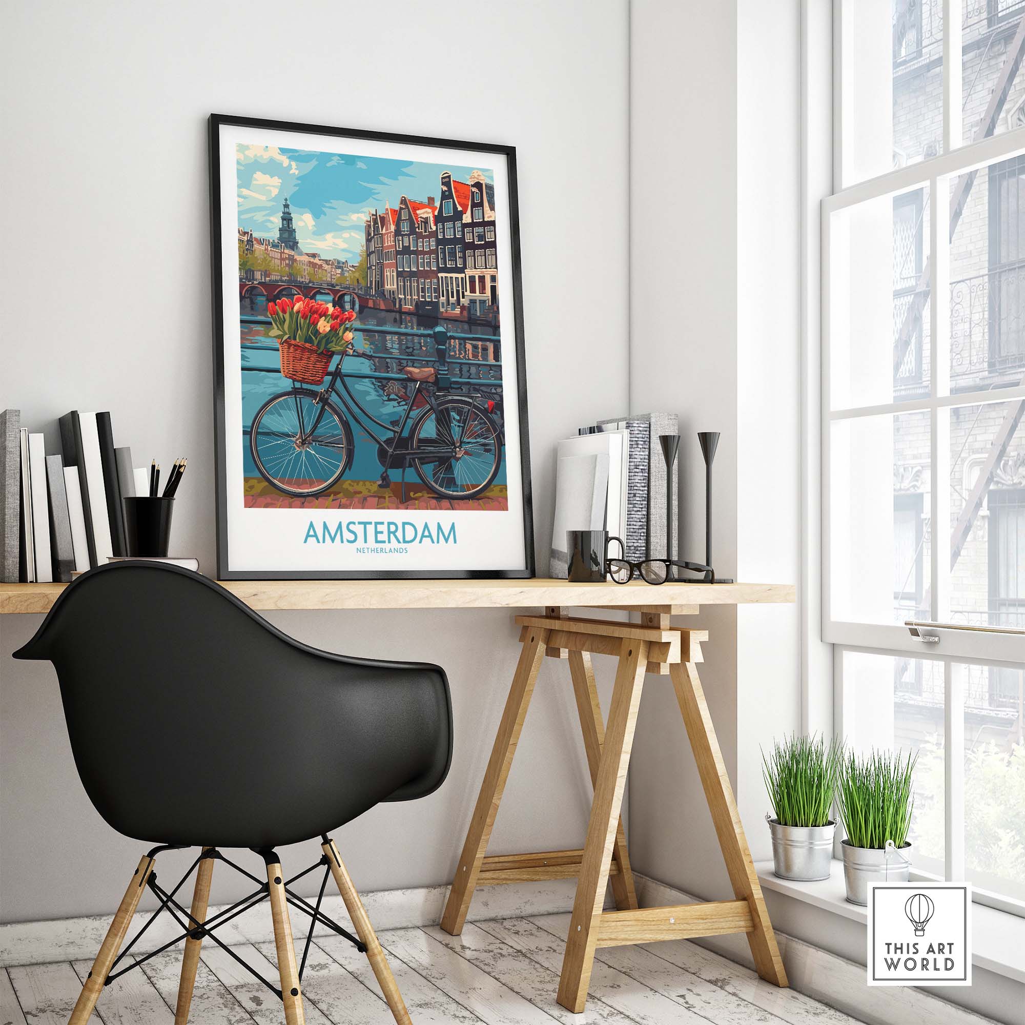 Amsterdam poster on desk in modern room, featuring iconic canal and bicycle, perfect Netherlands wall art for decorators and travel lovers.
