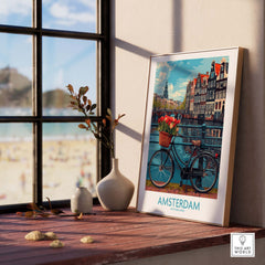 Amsterdam bicycle poster with tulips by a window, capturing vibrant Dutch city life and iconic canal houses. Ideal Netherlands wall art.